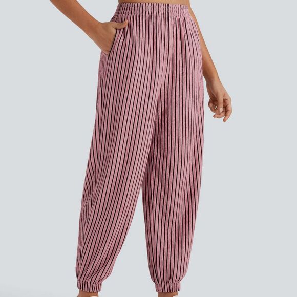 Halara Dark Pink Black Striped Side Pocket Crinkle Jogger Pants Size Large - Picture 1 of 6